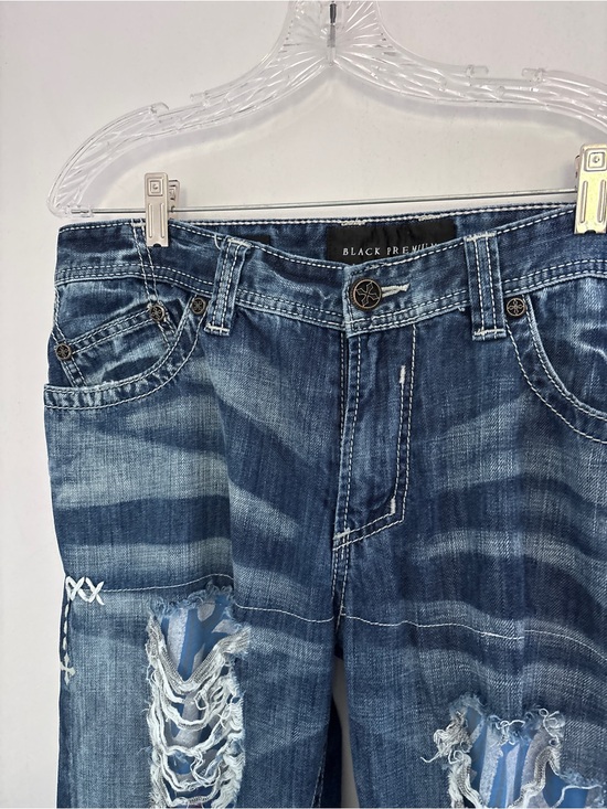 Affliction Denim - Affliction Women's Blue Cooper Relaxed Jeans with Distressed Paneled Rips 36x32